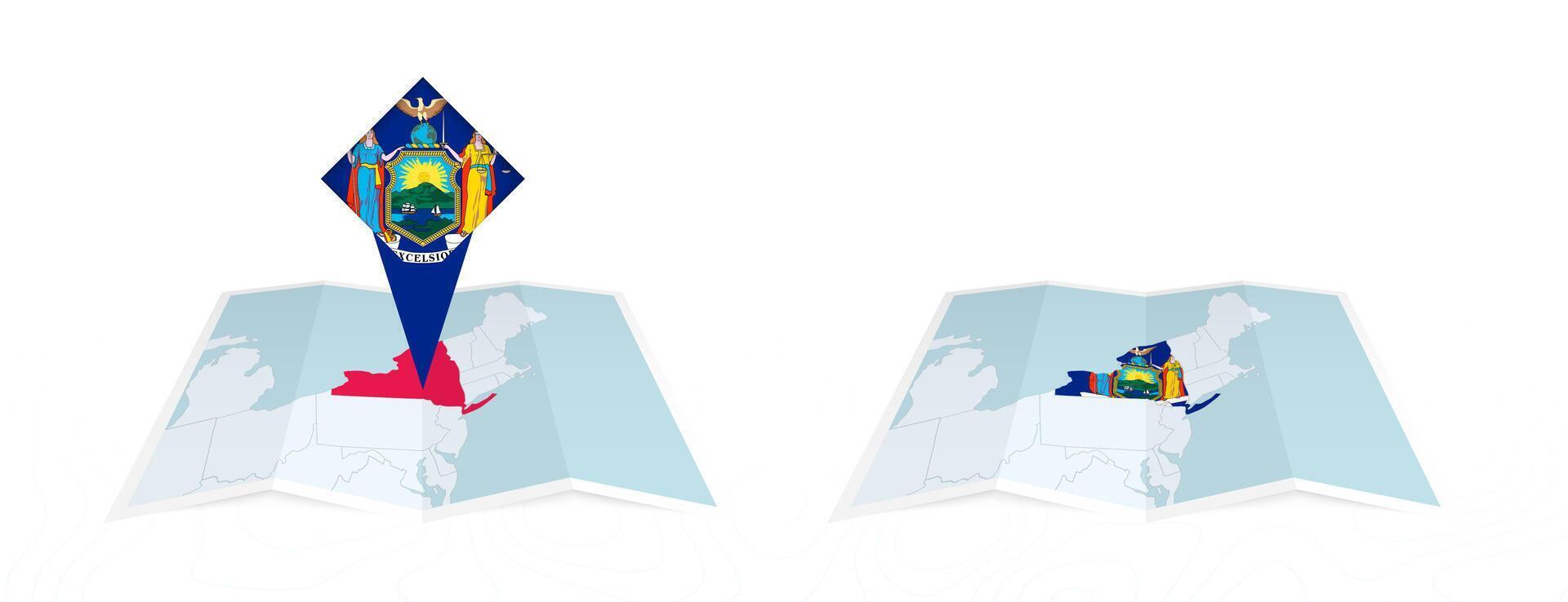 Two versions of an New York folded map, one with a pinned country flag and one with a flag in the map contour. Template for both print and online design. vector