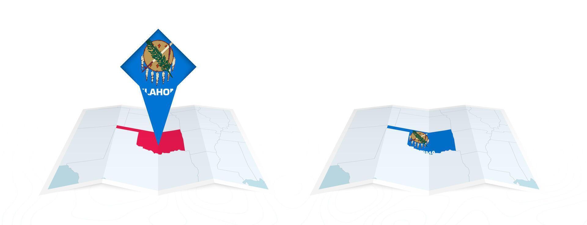Two versions of an Oklahoma folded map, one with a pinned country flag and one with a flag in the map contour. Template for both print and online design. vector