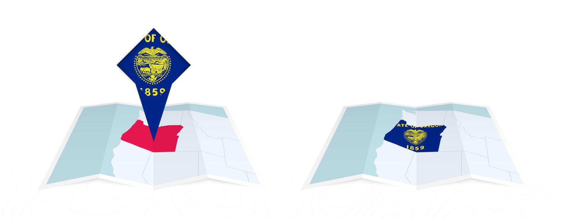 Two versions of an Oregon folded map, one with a pinned country flag and one with a flag in the map contour. Template for both print and online design. vector