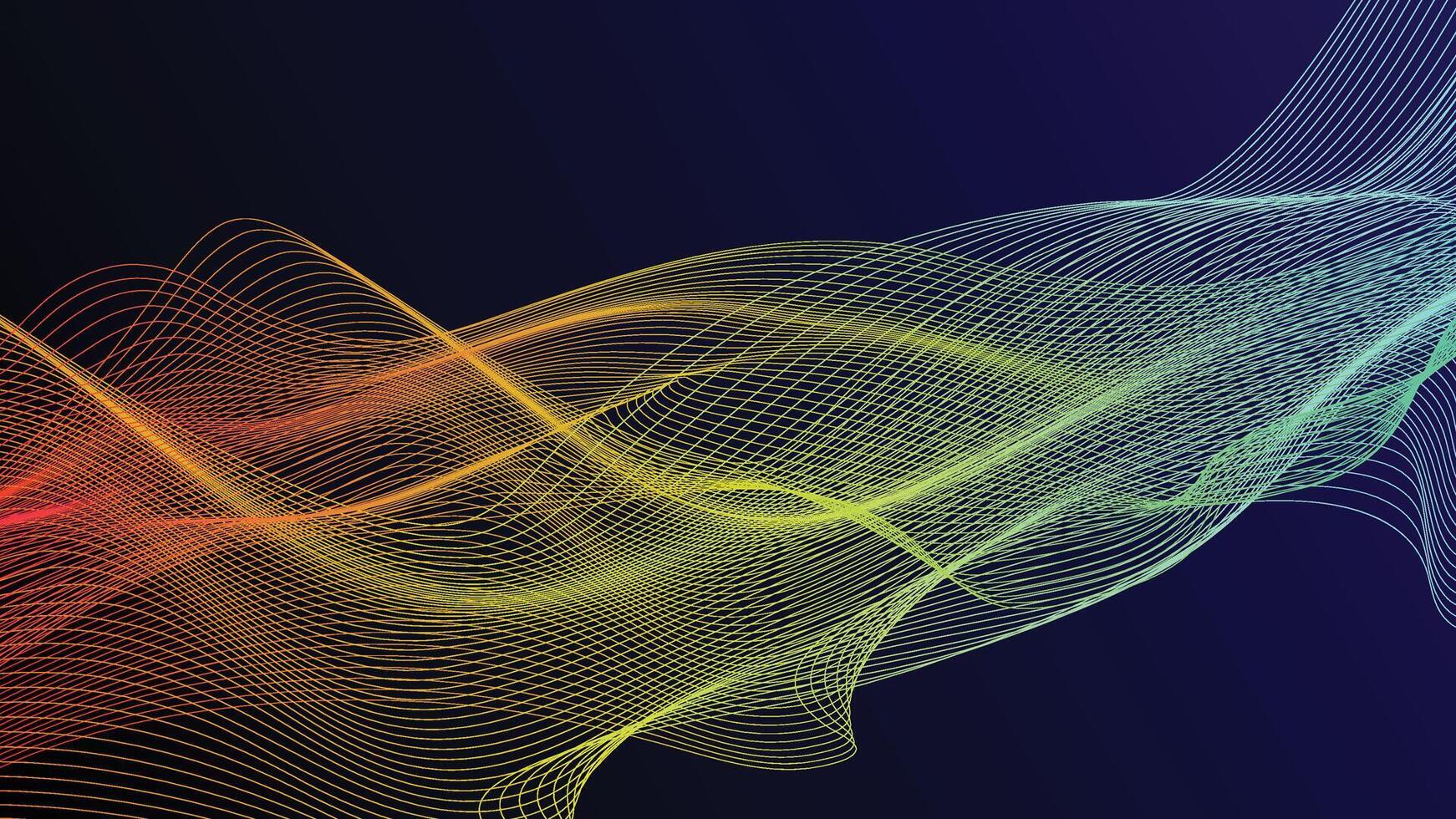 Abstract gradient blue, green, yellow, red wavy lines pattern on a dark blue background, representing future technology, data and networks. vector