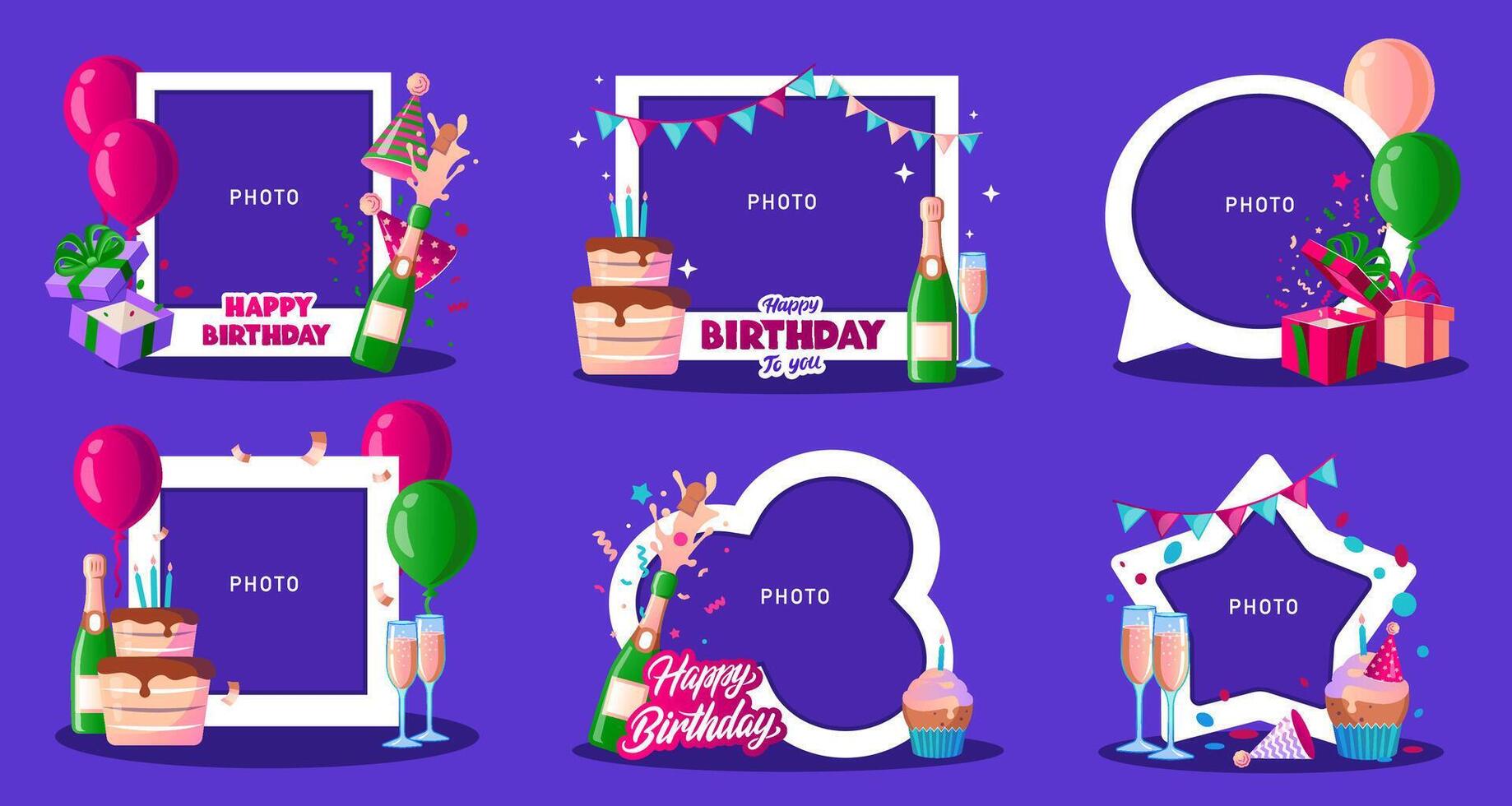 Happy Birthday Celebration Frames. Gradient Photo Borders with Party Elements vector