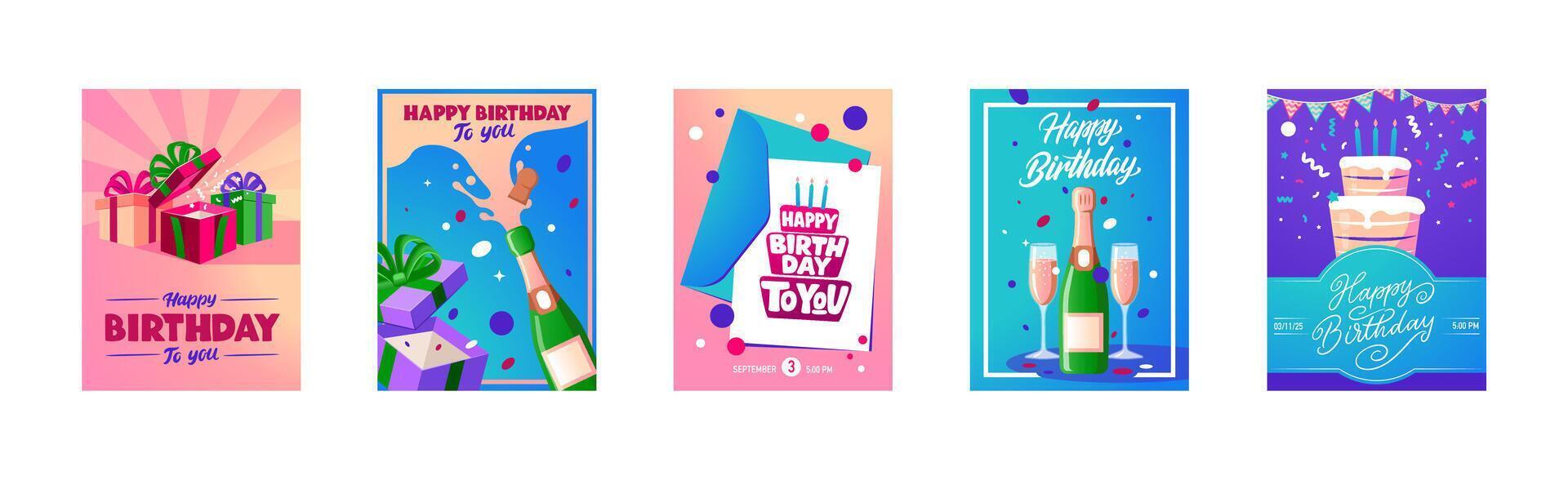 Birthday Party Card and Poster Set. Festive Templates with Text, Party Decorations vector