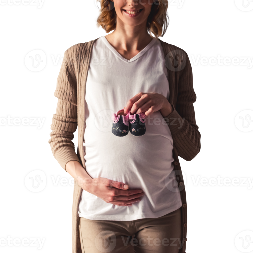 pregnant woman with white shirt holding baby shoes with transparent background png