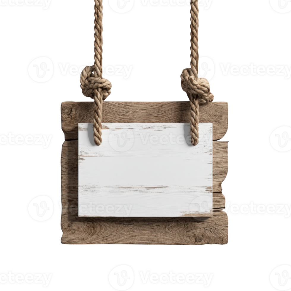 Empty white wooden mockup sign hanging with rope on transparent background, perfect for adding your own text design or png