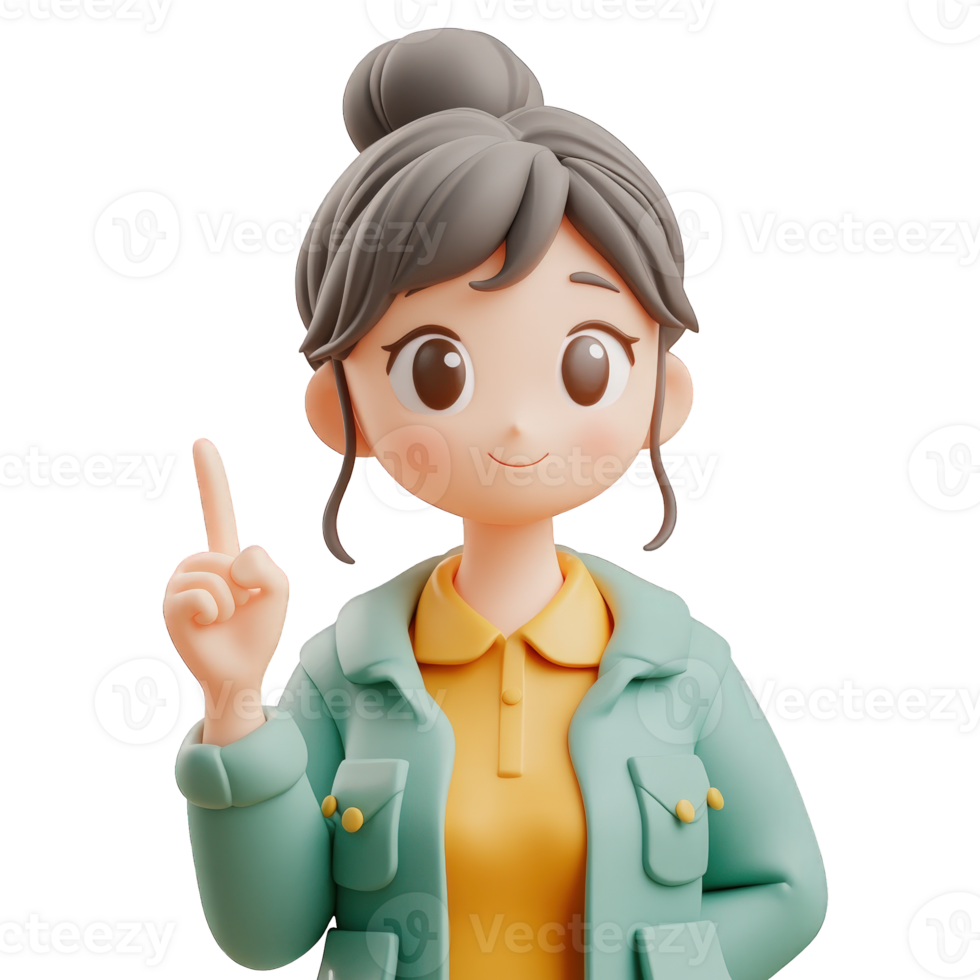 3d icon woman with backpack pointing index finger up, for on transparent background, ideal isolated educational and advertising projects png