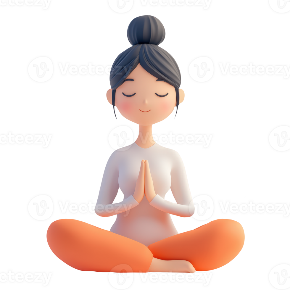 3d icon yoga practicing cartoon woman sitting in lotus position, meditating with closed eyes, mindfulness embodying and tranquility png