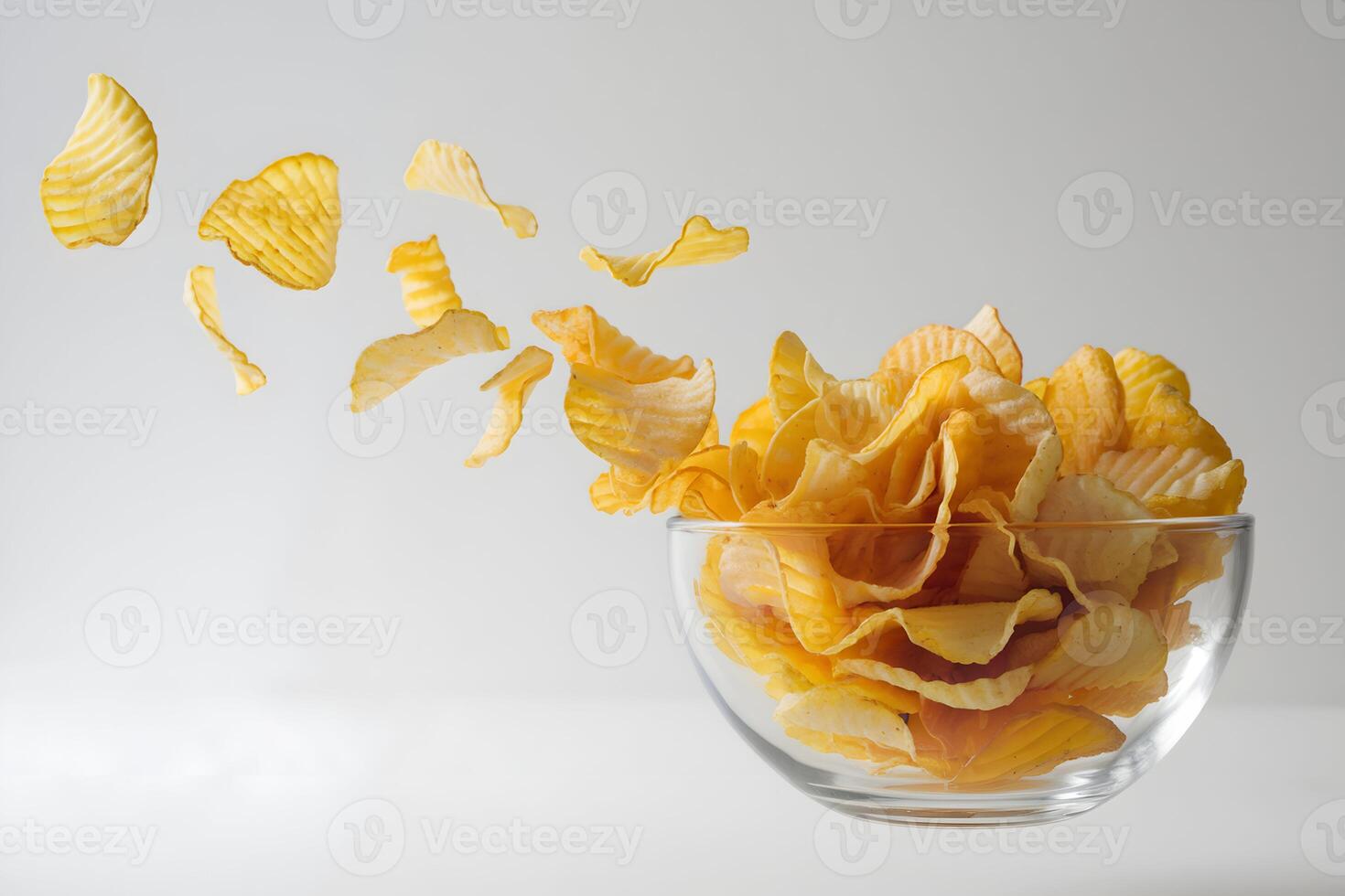 Glass bowl filled with golden potato chips, floating mid air with freshness photo