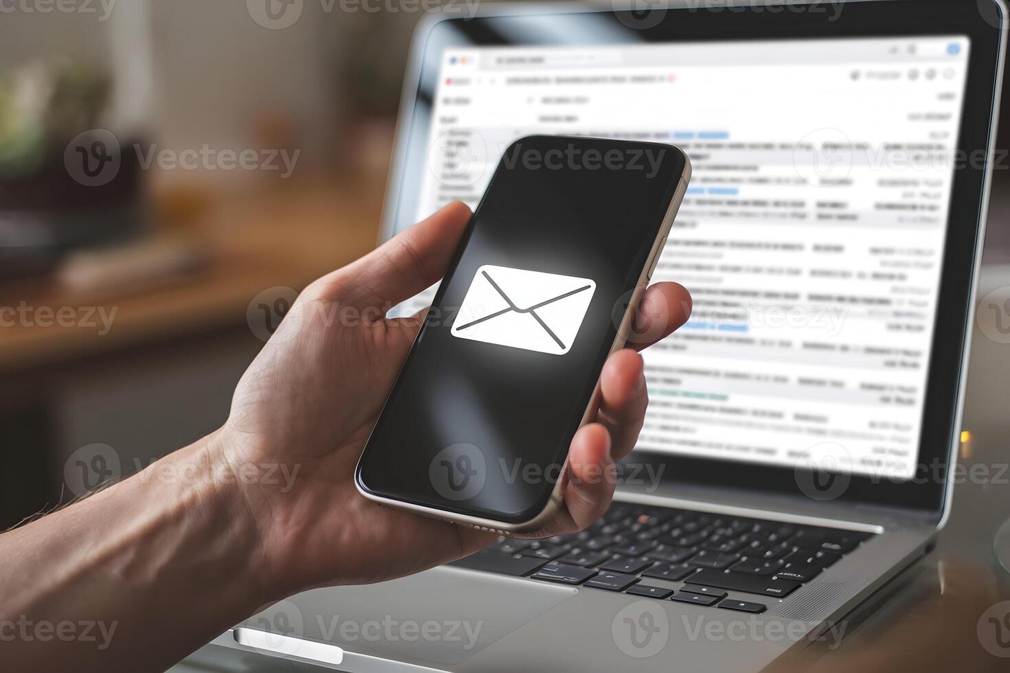 Hand holds smartphone displaying an envelope icon, with a laptop in the blurred background photo