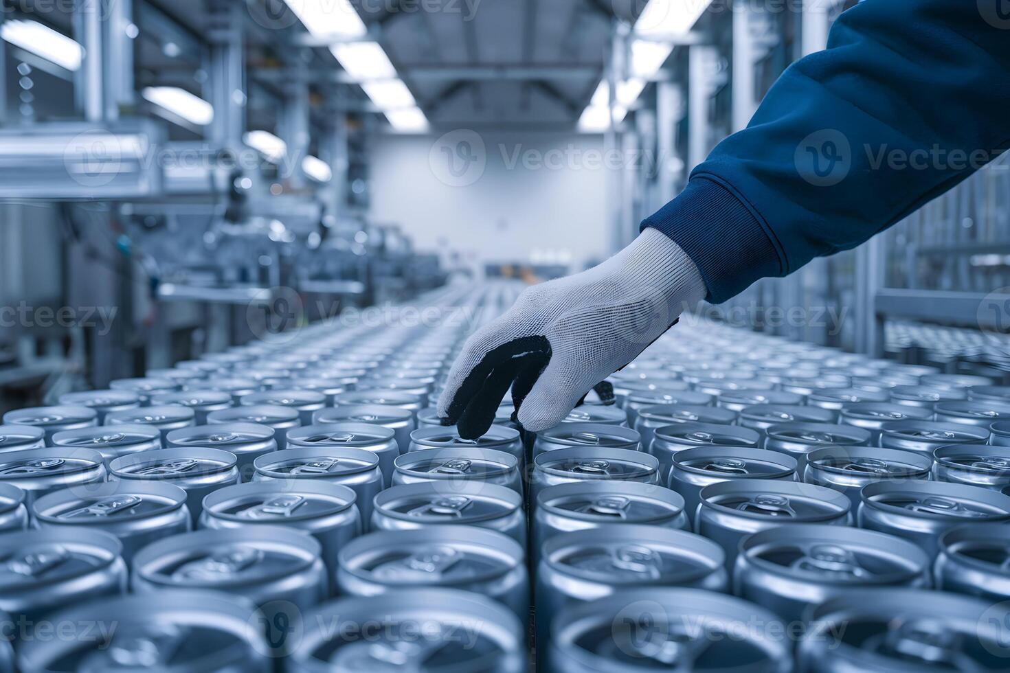 Gloved hand arranges aluminum cans in a factory setting, emphasizing quality control photo