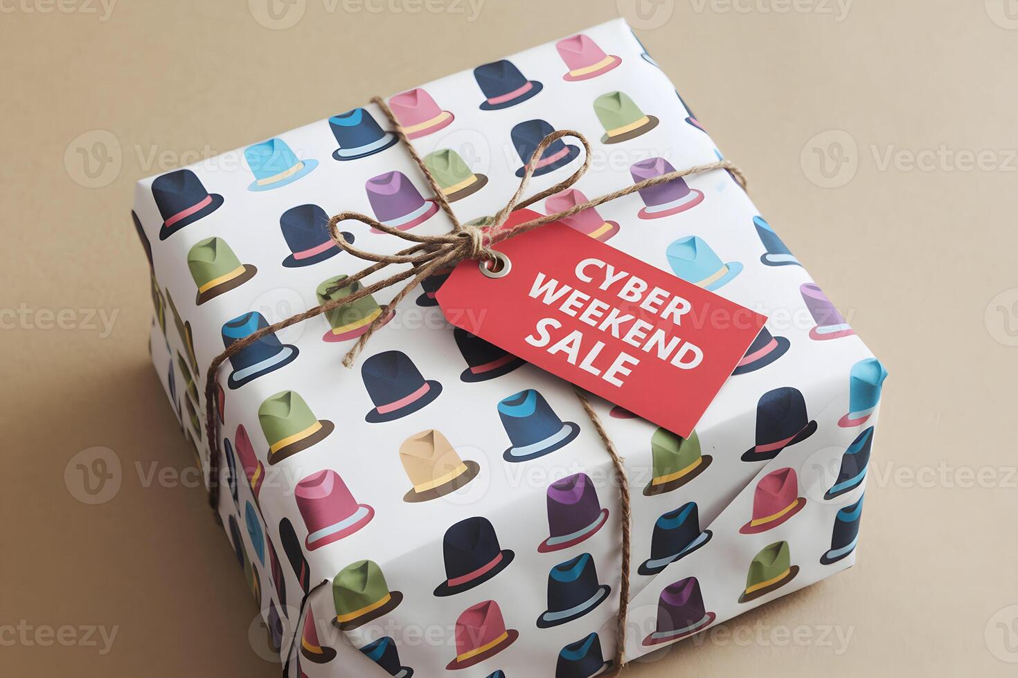 Gift box wrapped in hat patterned paper, tied with twine, labeled CYBER WEEKEND Sale photo