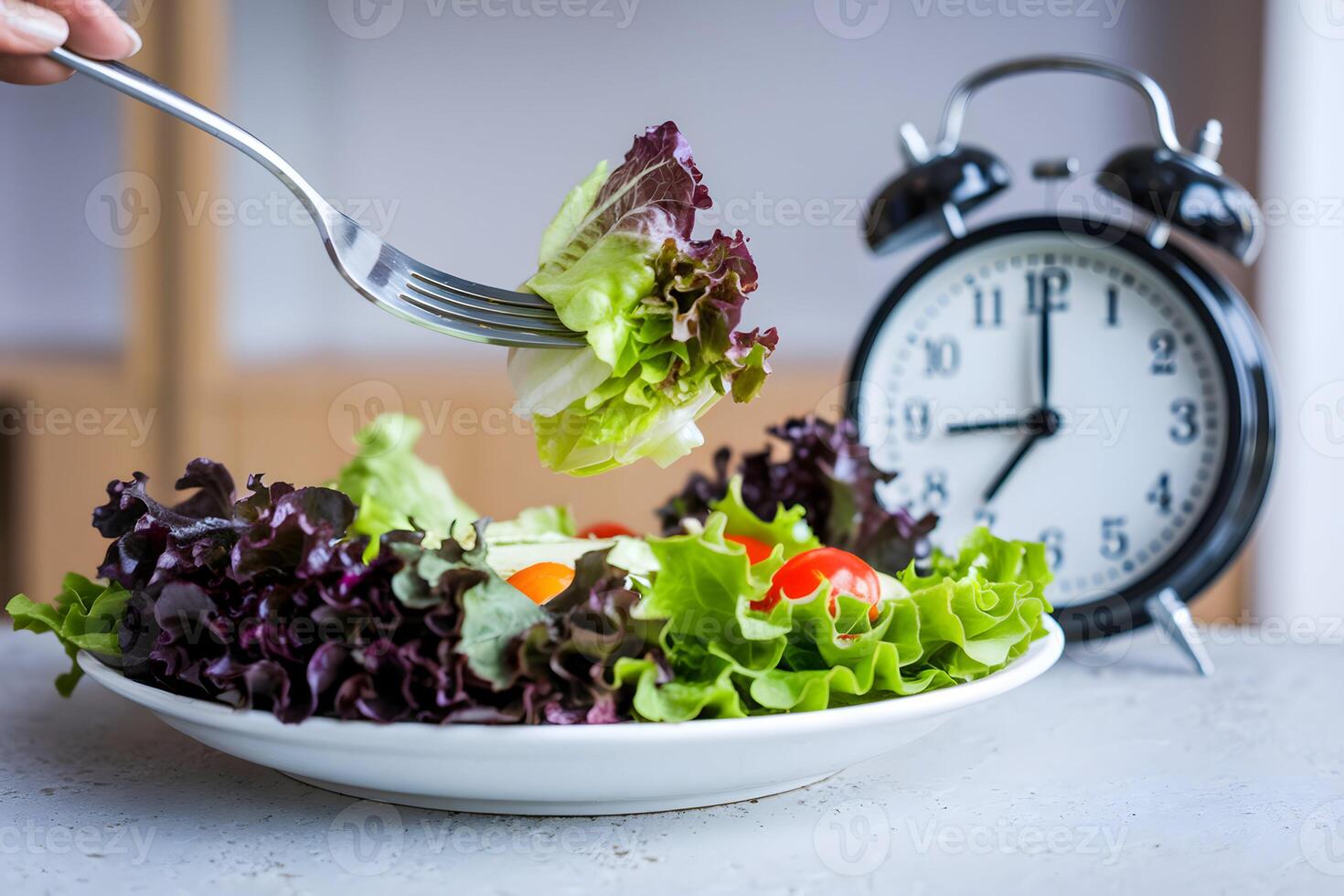 Fork pierces lettuce salad with an alarm clock showing 1200, blending health and time photo