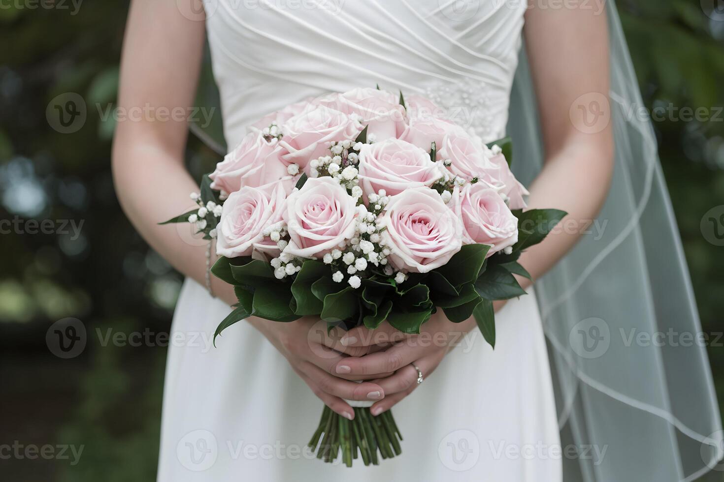 Bride cradles pink rose bouquet, contrasted with green foliage for romantic elegance photo