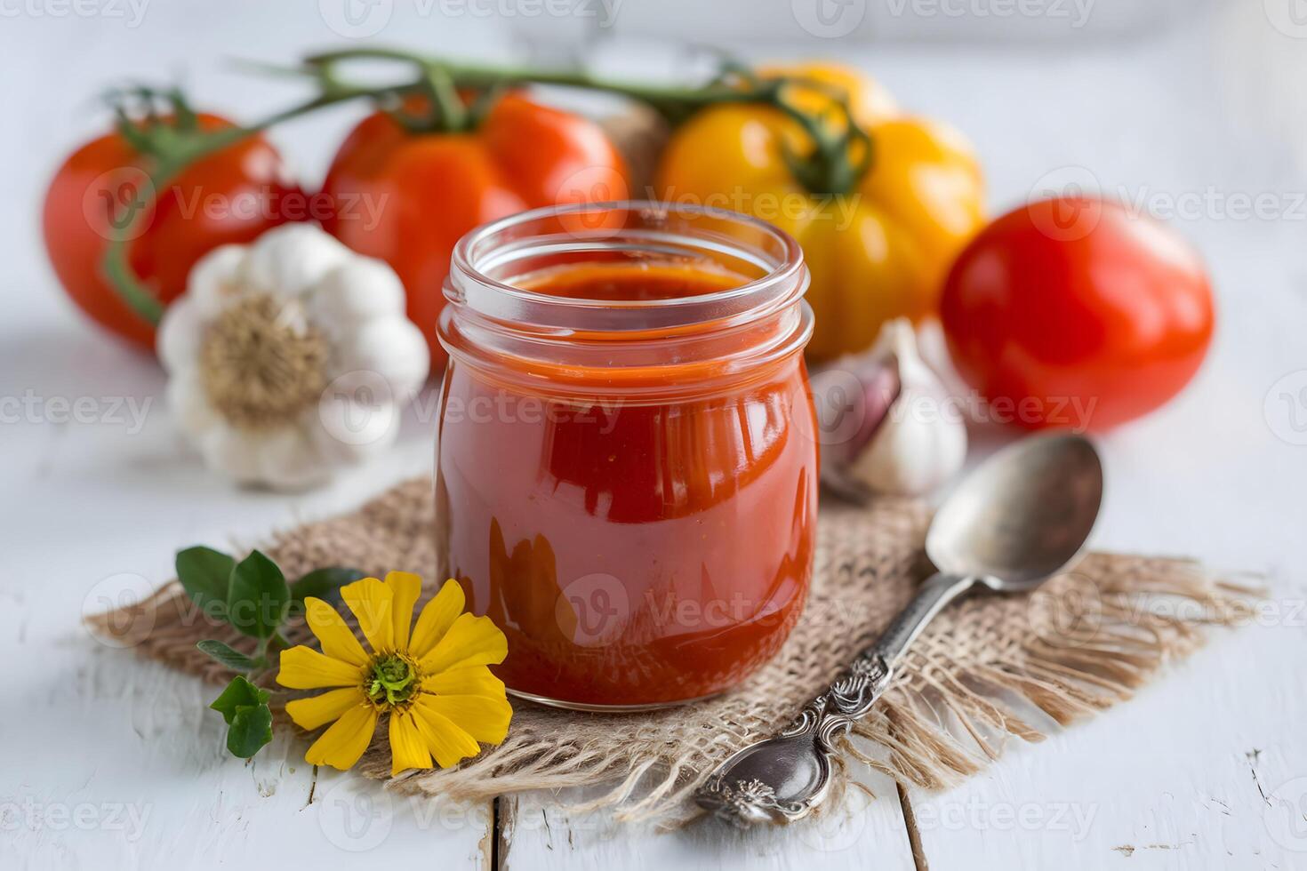 Glass jar of red sauce with heirloom tomatoes, garlic, and yellow flower on white surface photo