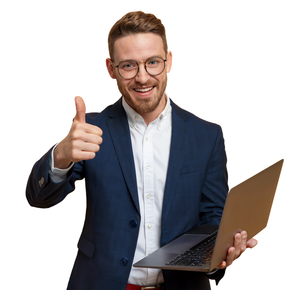 Successful Confident Businessman with Laptop Gives Thumbs Up isolated on transparent background png
