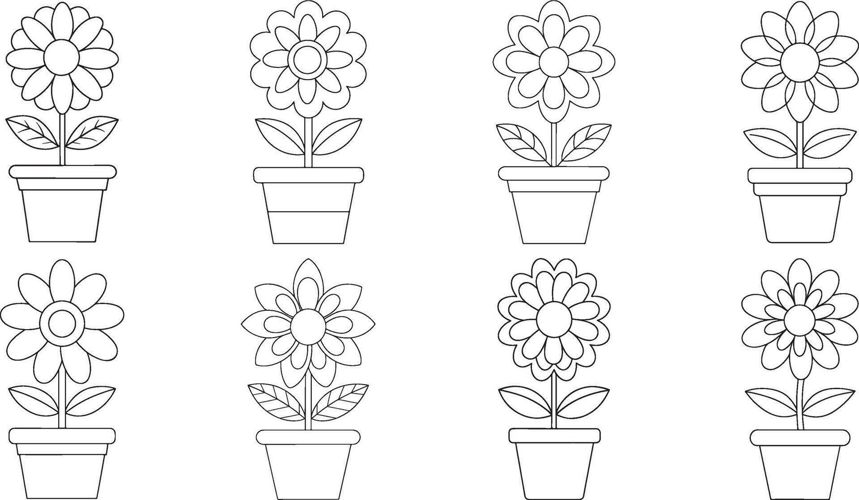 Eight Simple Line Drawings Of Flowering Plants In Pots, Perfect For Coloring Pages Or Spring Themed Projects With Clean Lines And A Minimalist Style vector