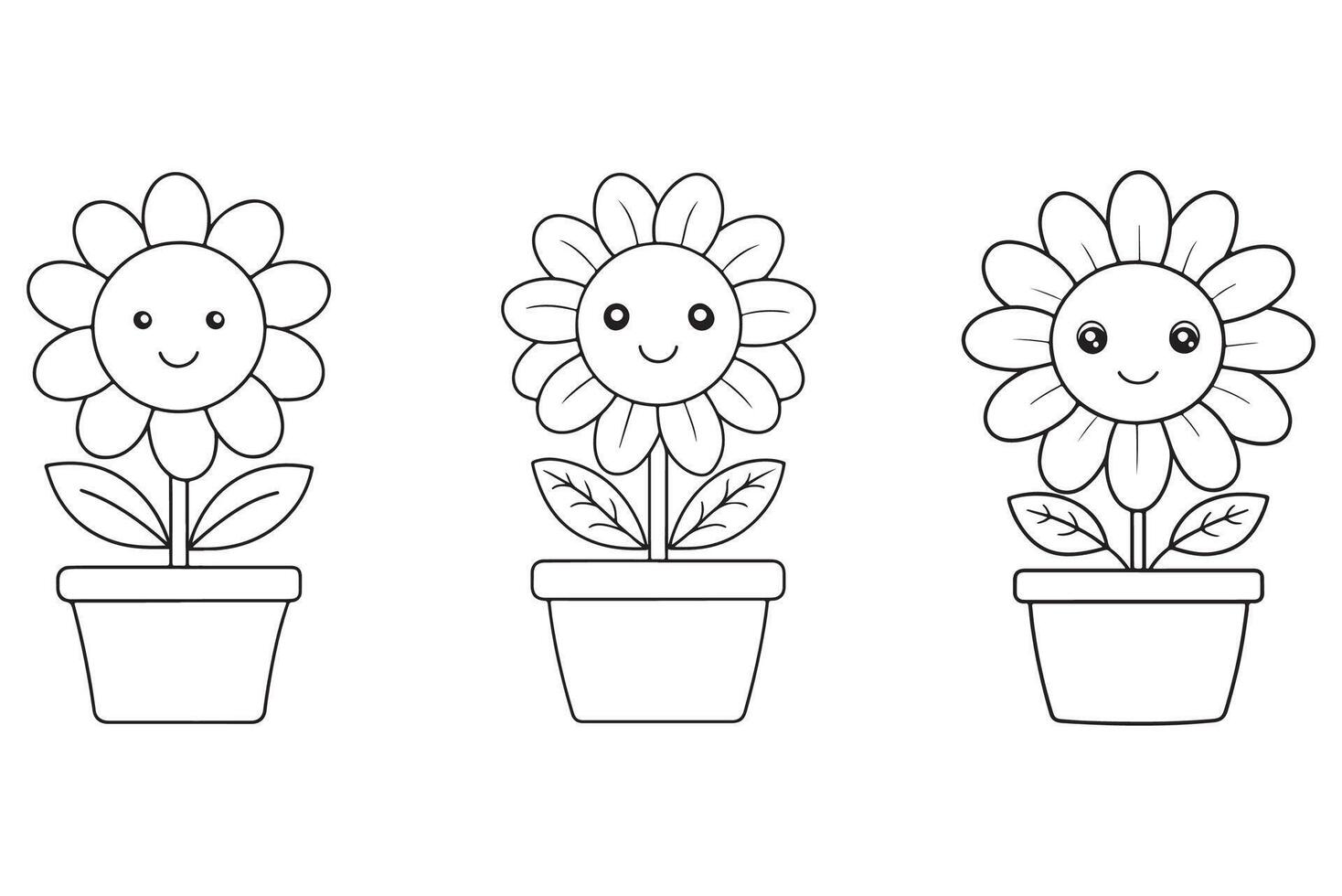 Three Cheerful Potted Sunflowers Smiling Brightly, A Simple Black And White Line Drawing Ready For Coloring vector
