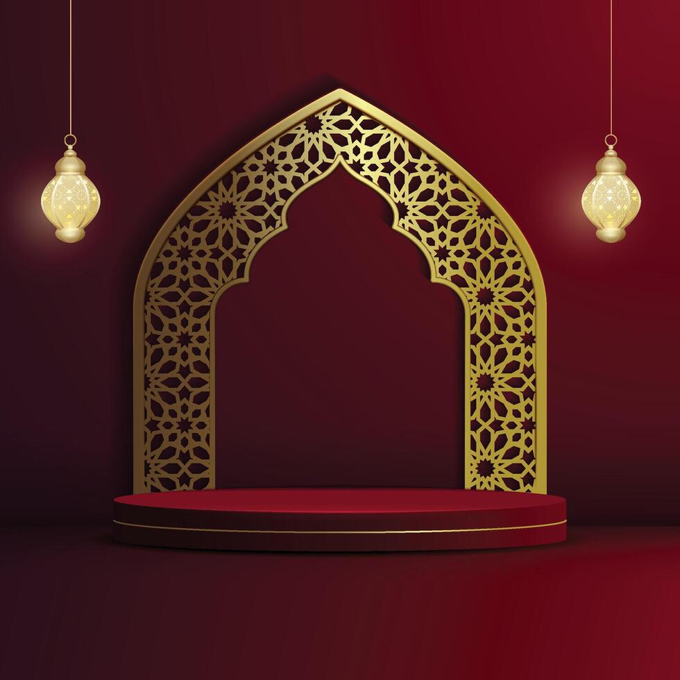 Islamic Theme Greeting Card with Golden Arabic lanterns and Golden Ornament on Red Background. vector