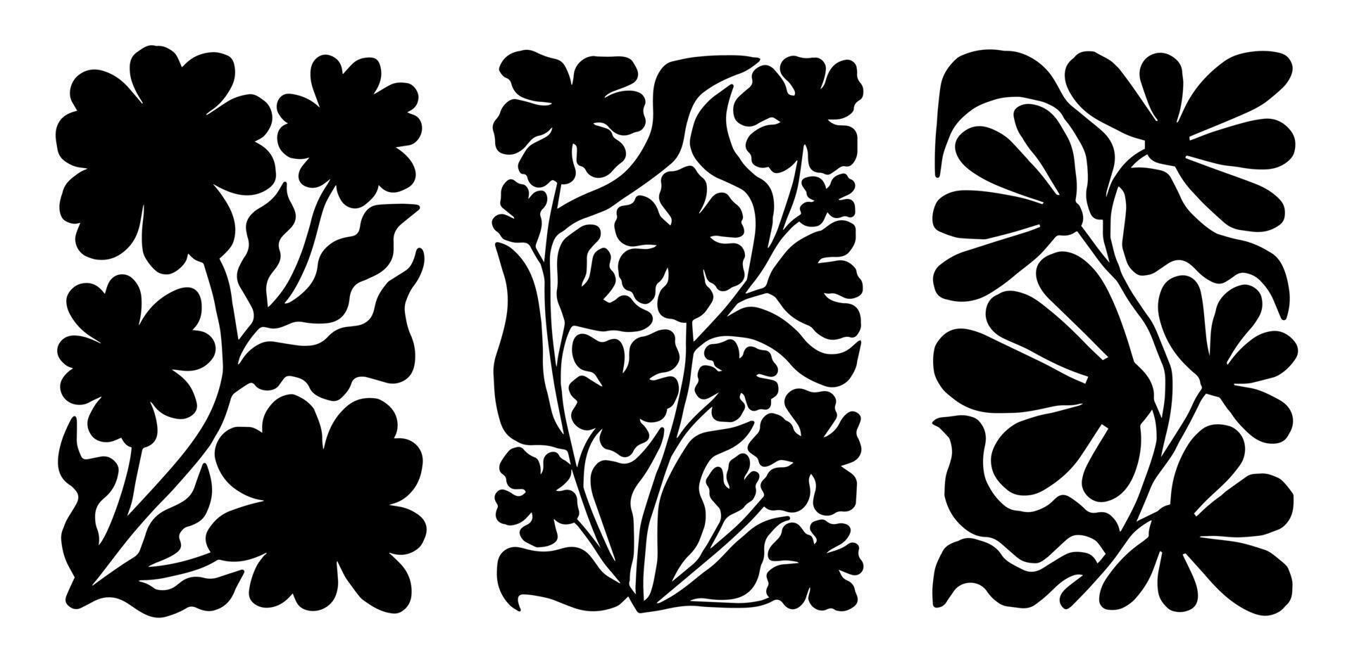 Set of groovy floral botanical black background in trendy naive retro hippie 60s 70s style. Vertical poster vector