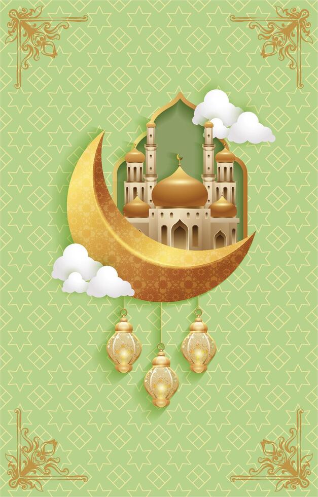 Islamic greeting card with crescent moon, mosque and lanterns, and green background vector