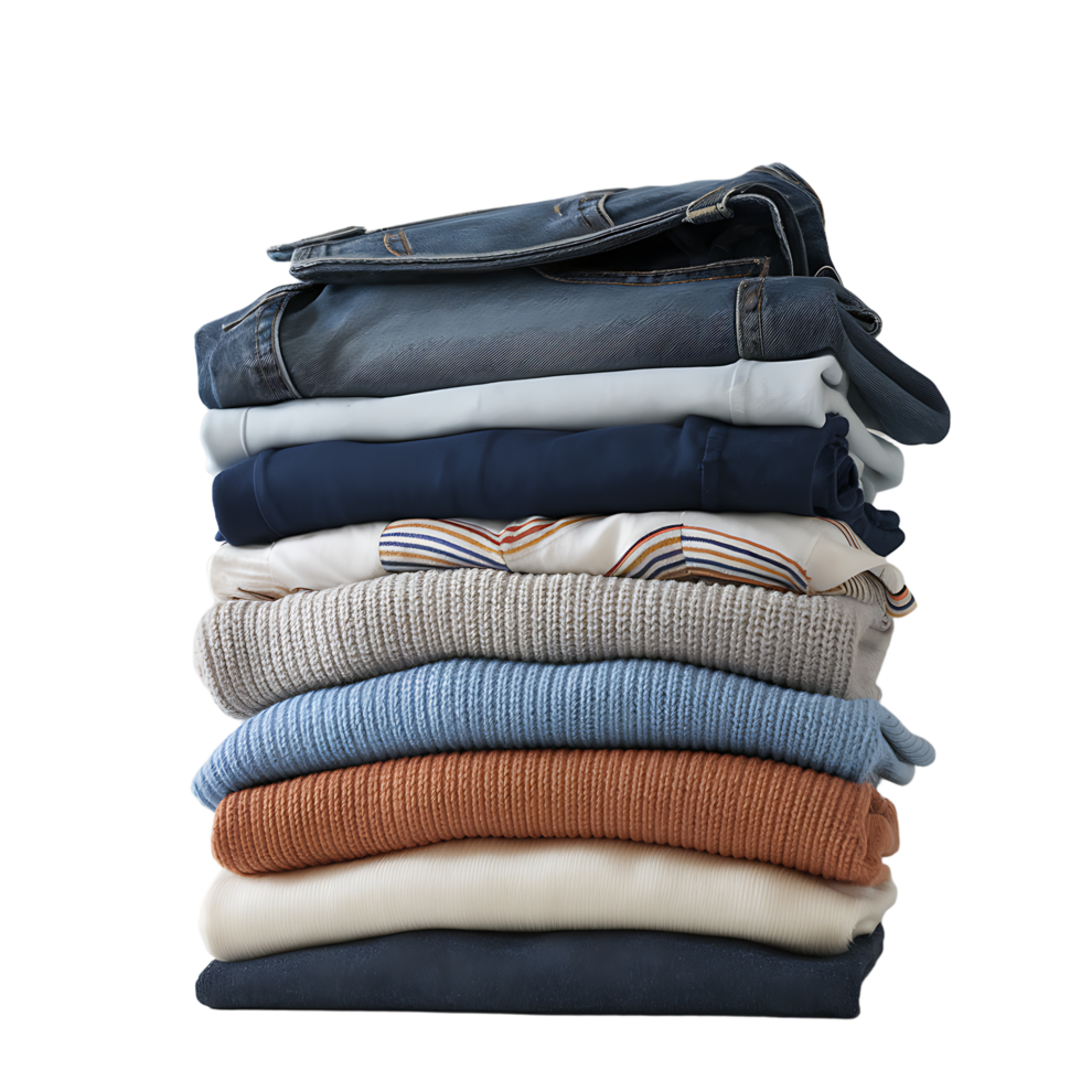 Neatly Stacked Clothes Ready for Storage, neatly stacked pile of various clothes isolated on transparent background png
