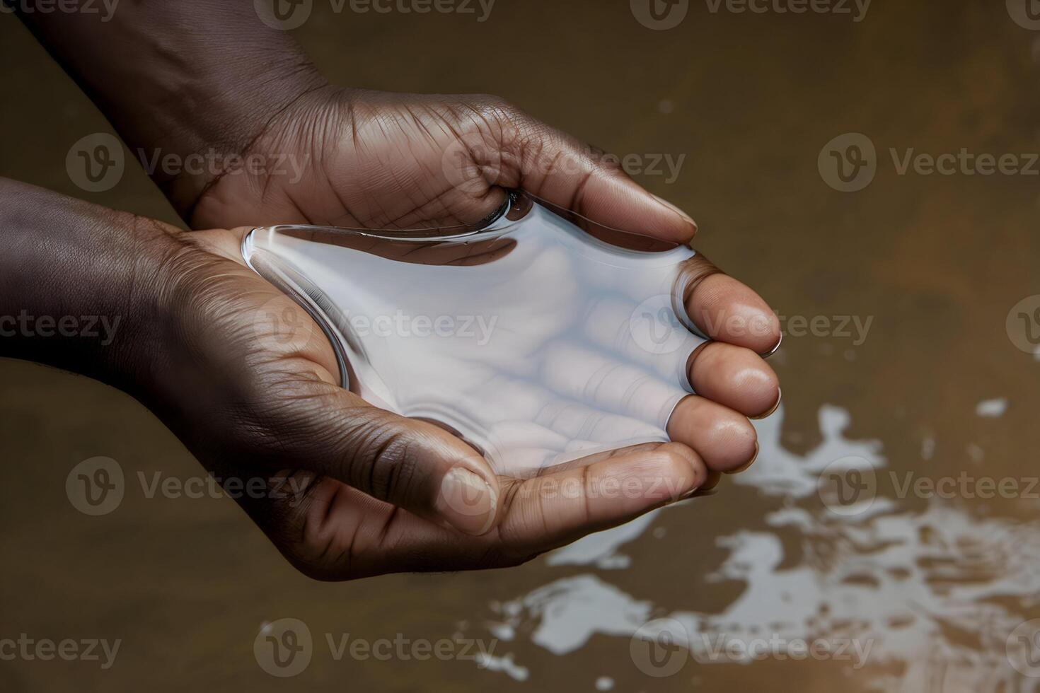 Dark skinned hands hold clear liquid against a rough, earthy background, highlighting purity photo