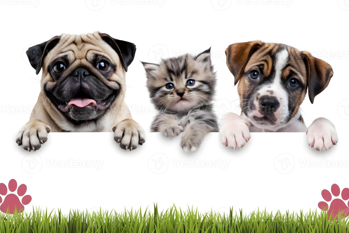 Pug peeks over a white banner, alongside cheerful kitten and puppy, inviting customization photo