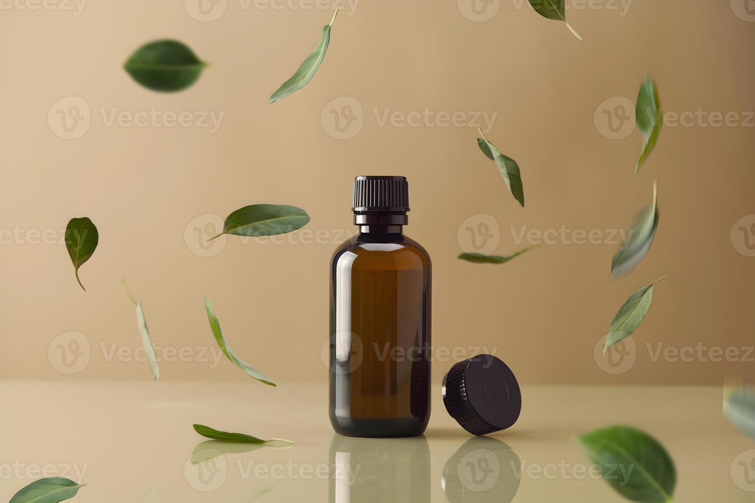 Green bottle with matching cap sits on a glossy surface, surrounded by floating green leaves photo