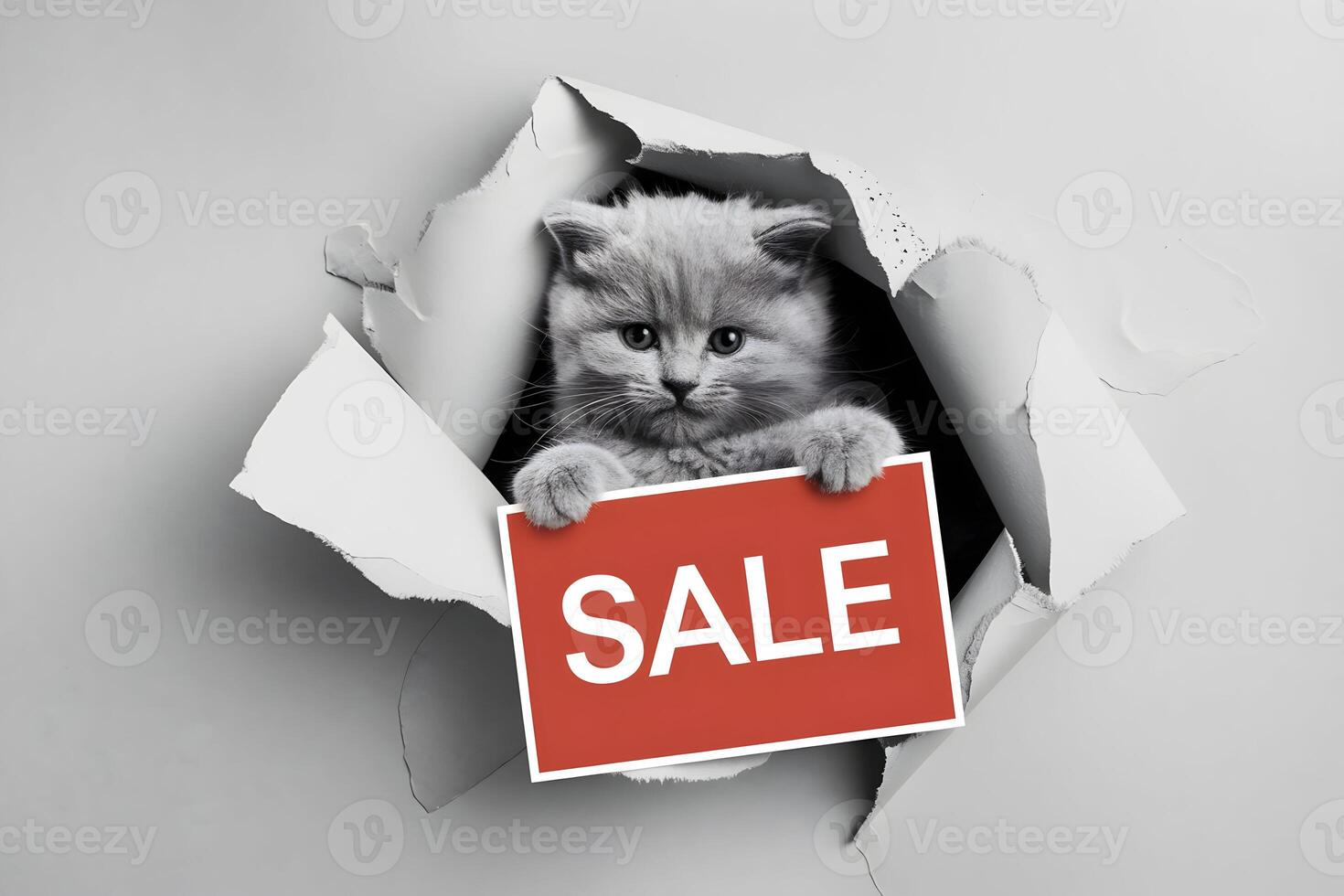 Playful gray kitten peeks through torn paper holding a red SALE sign, playful and fun photo
