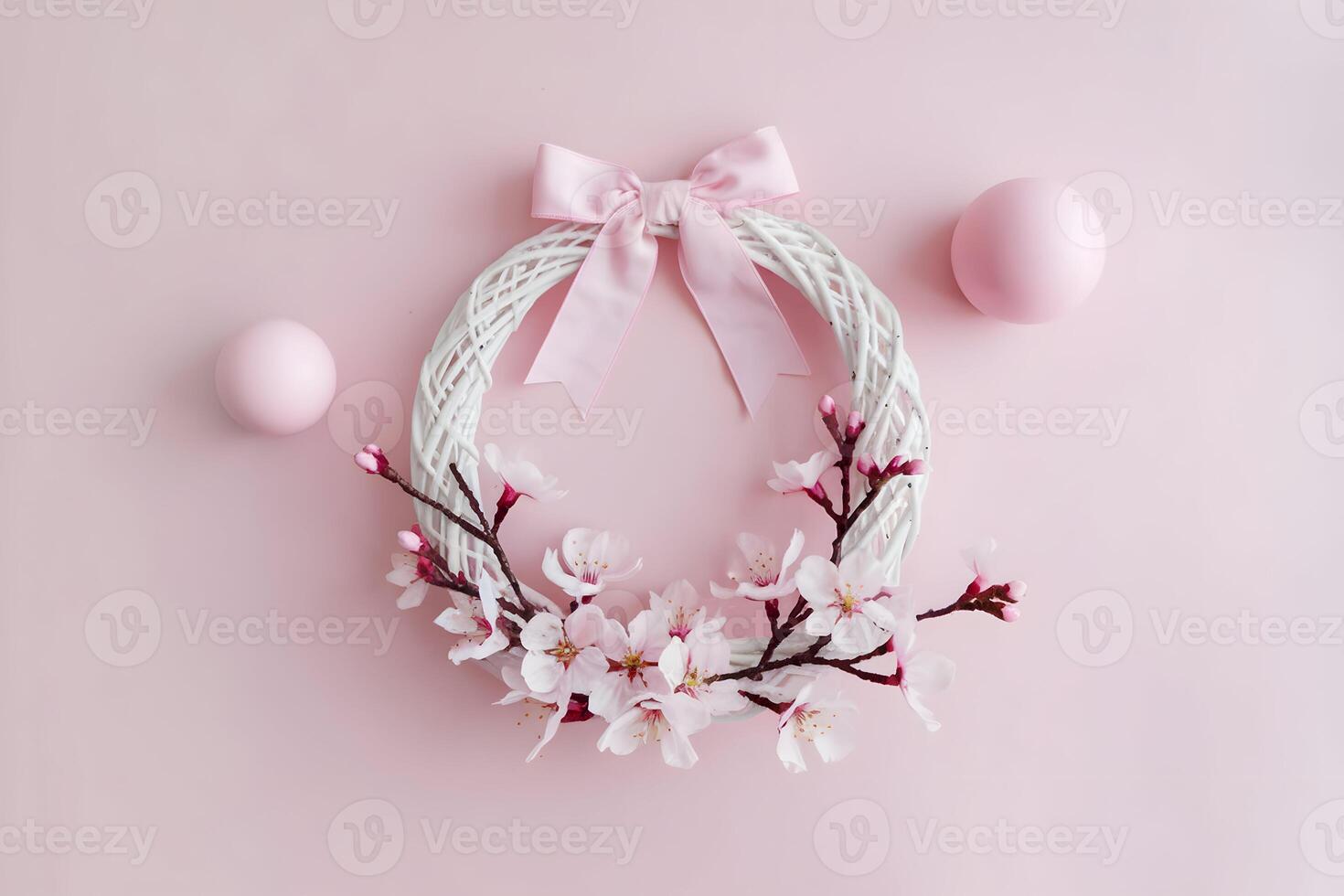Pink composition with cherry blossoms wreath and pastel spheres, creating a tranquil vibe photo