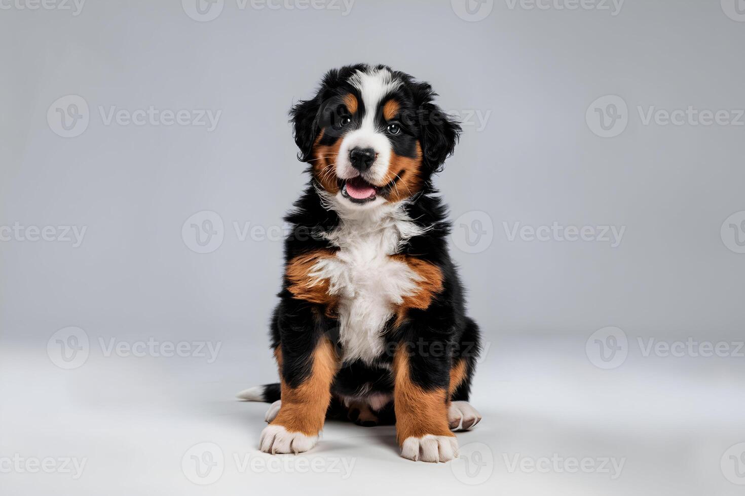 Bernese Mountain Dog puppy with tri color coat sits against a gray background photo