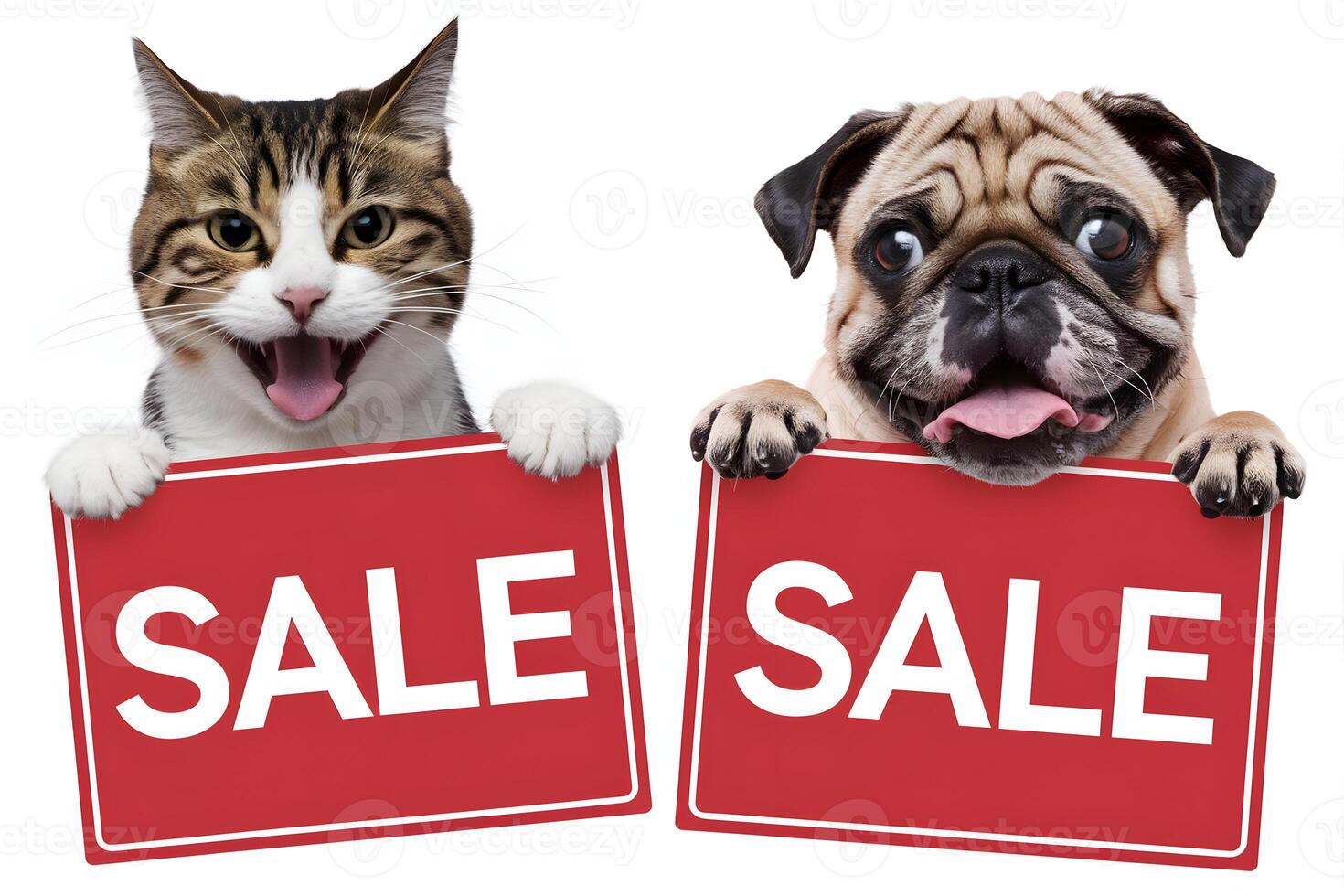 Mischievous cat and joyful pug present red SALE signs in playful promotional scene photo