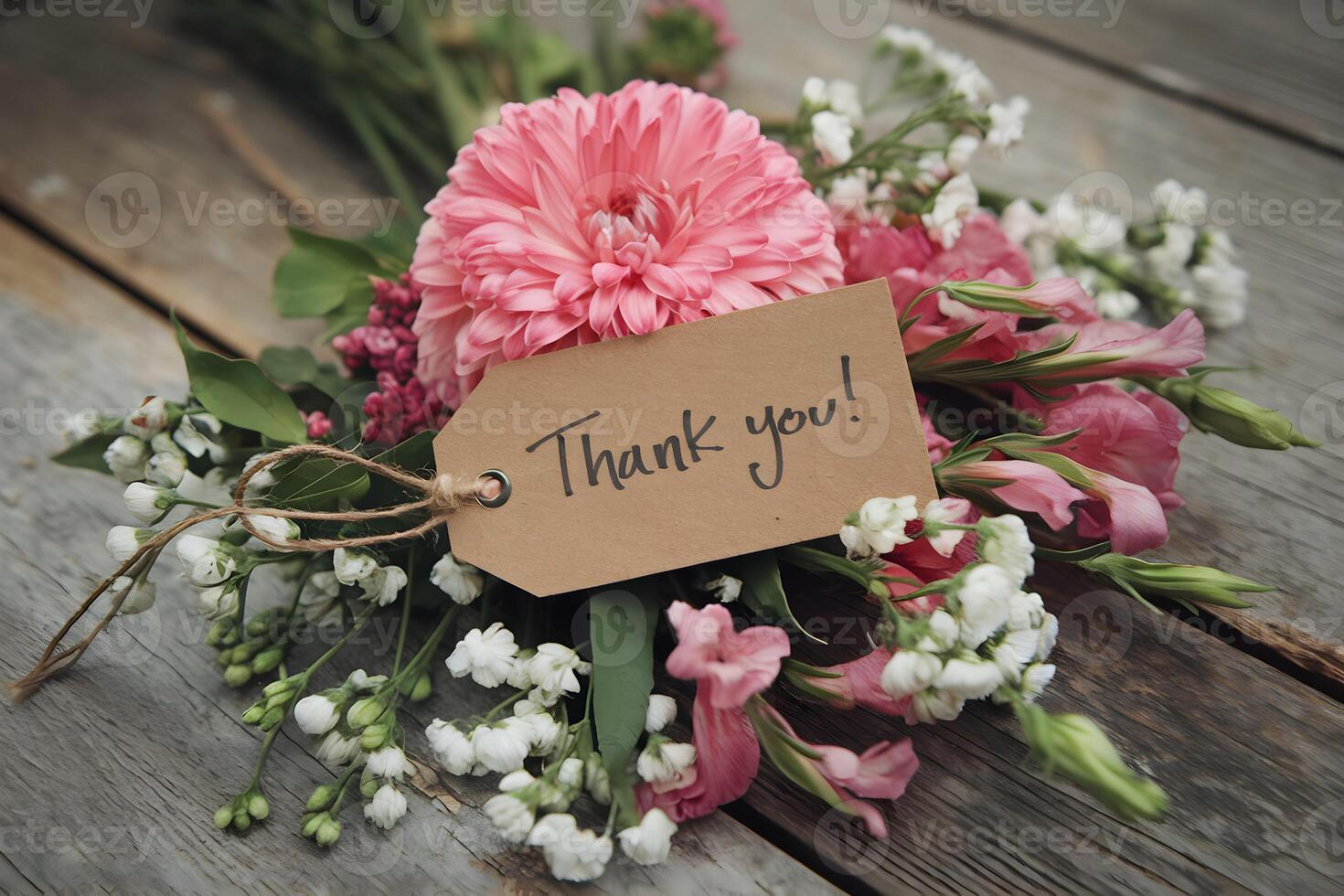 Rustic floral arrangement with Thank You tag on wooden surface exudes warmth photo
