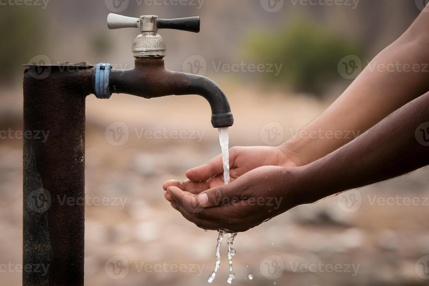 Rusty tap over hands waiting for water emphasizes connection to nature photo