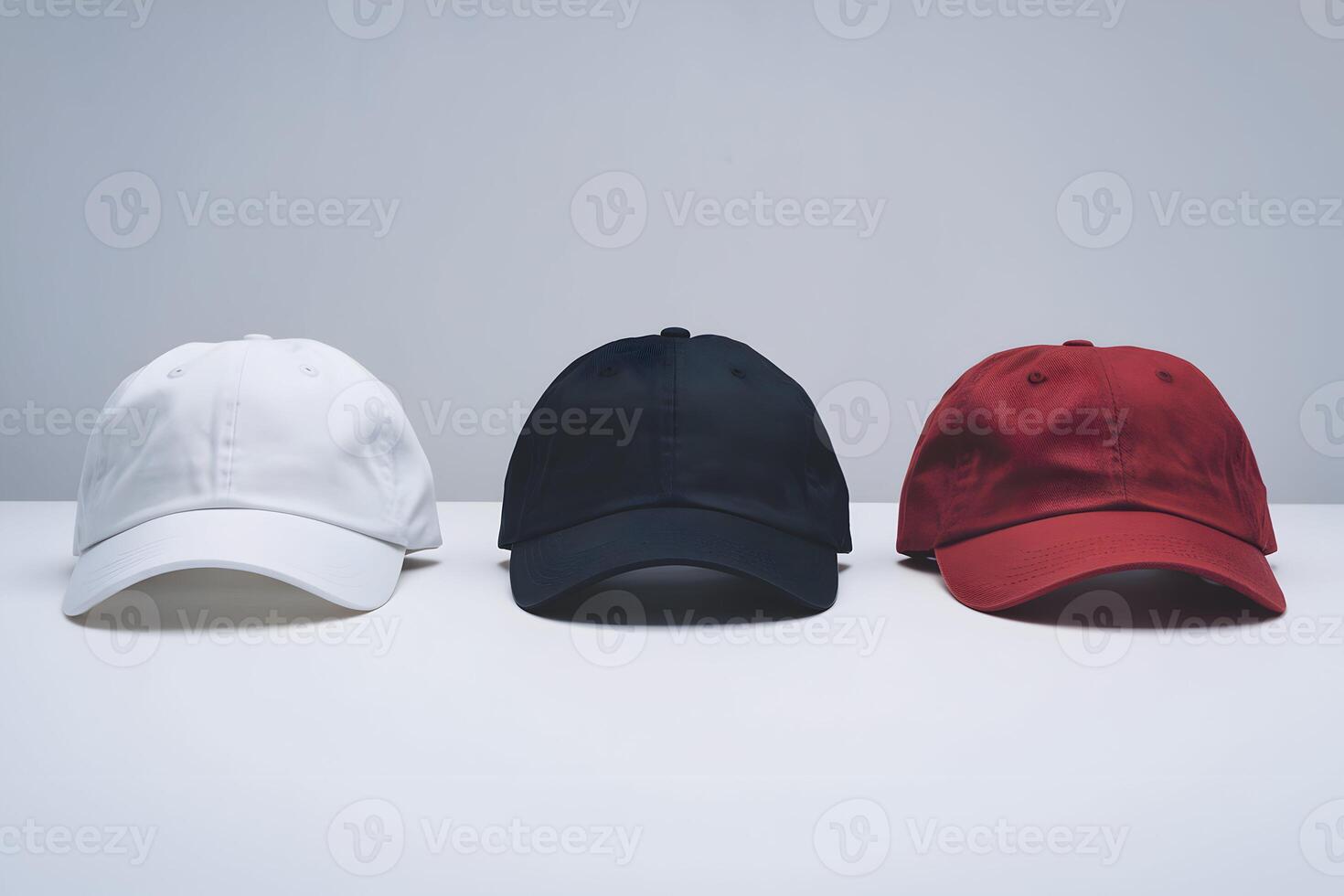 Three caps in white, black, and red on plain white background photo