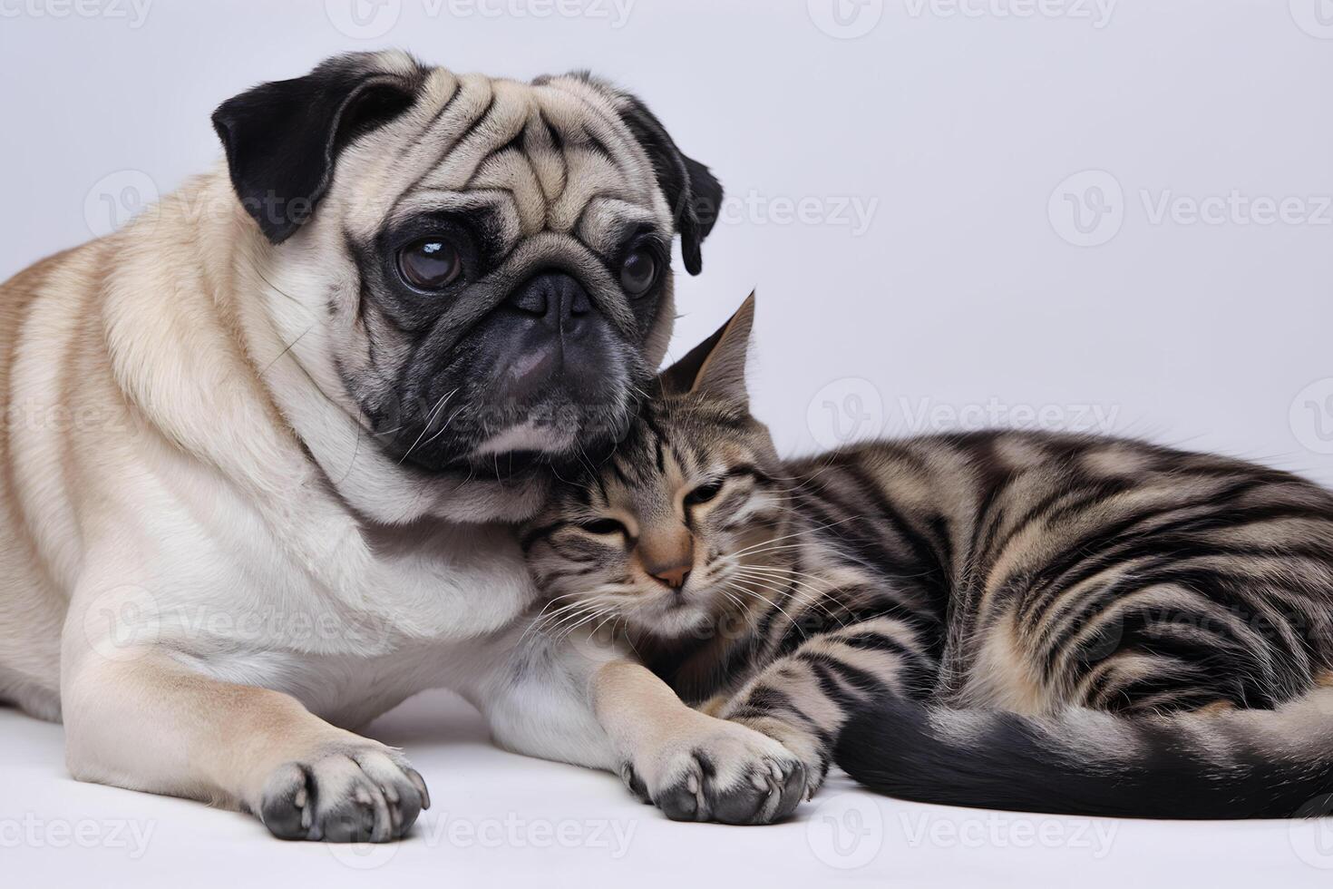 Pug and striped cat lie affectionately together, highlighting endearing companionship photo