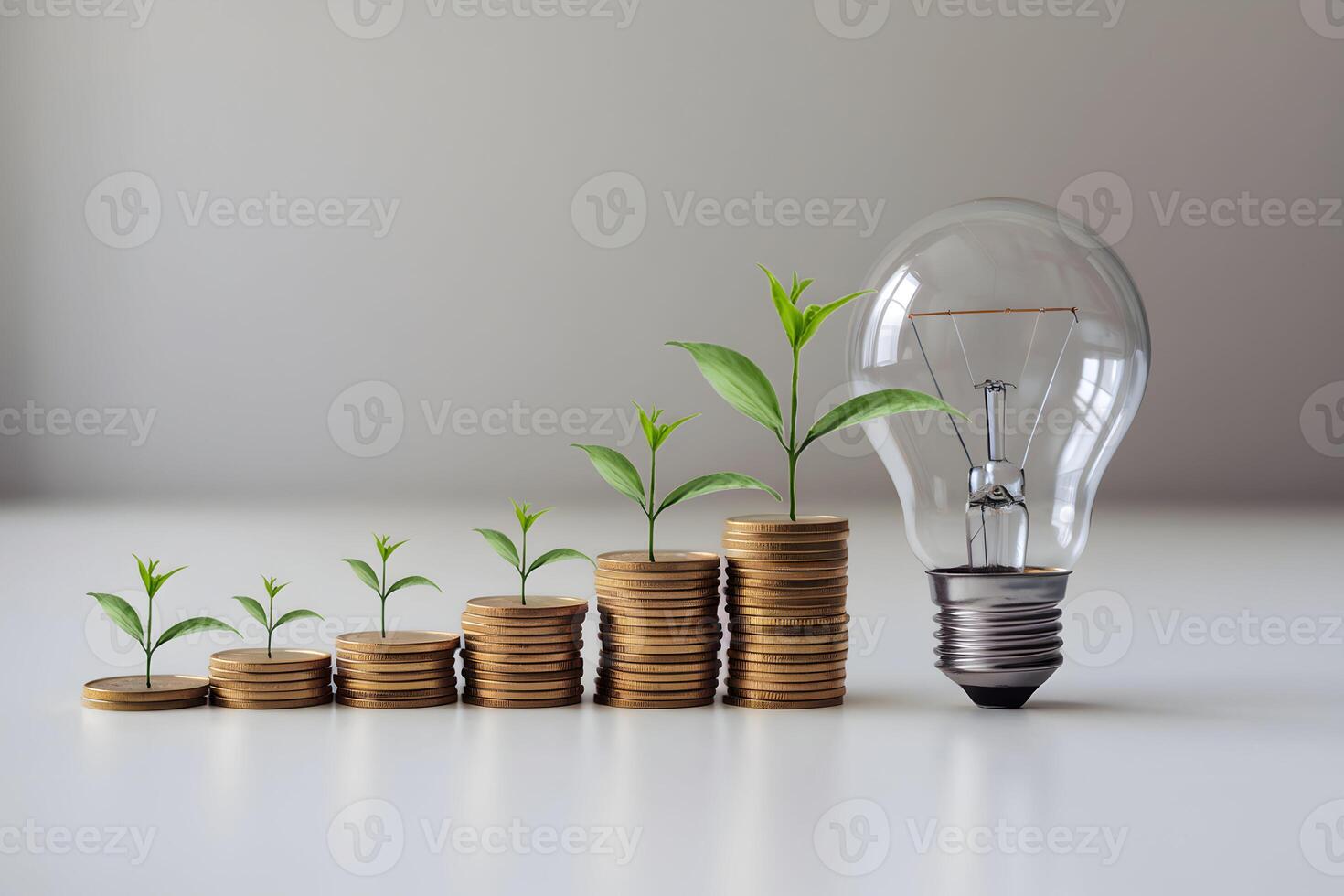 Increasing stacks of coins with glowing light bulb symbolizing financial growth photo