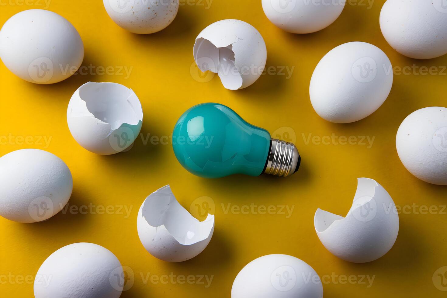 White eggs scatter across yellow surface, one cracked open with a turquoise lightbulb inside photo