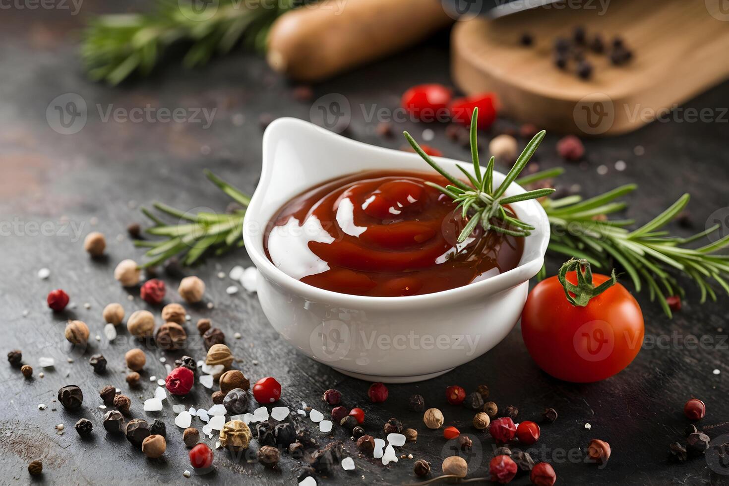 White bowl of brown sauce with rosemary and tomato, surrounded by scattered spices photo