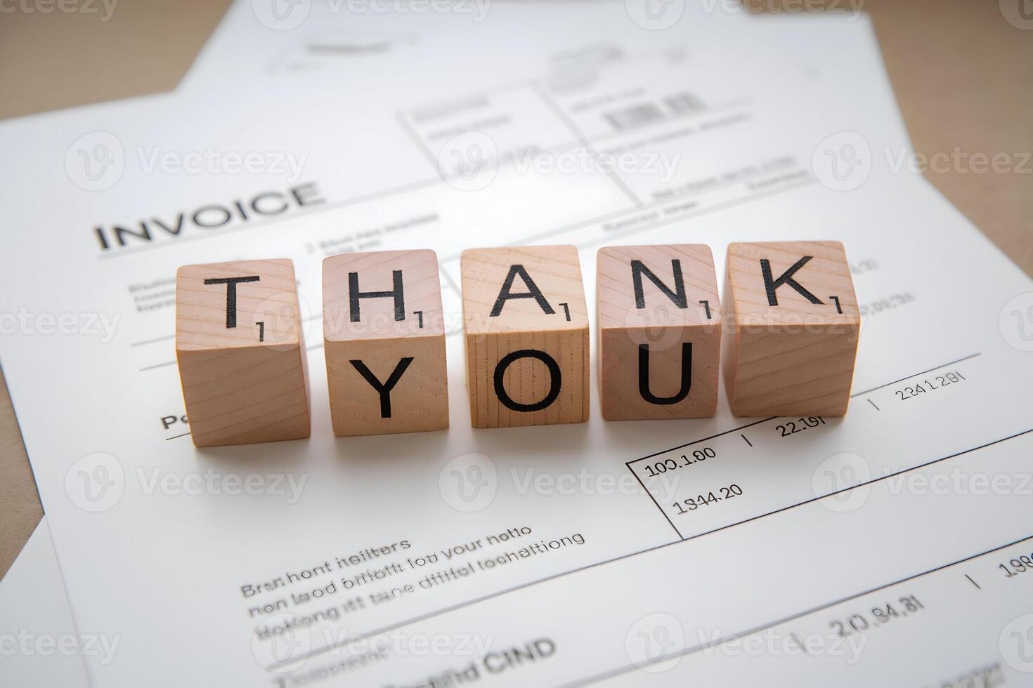 Wooden blocks spelling THANK YOU rest on a printed invoice with terms like TOTAL photo