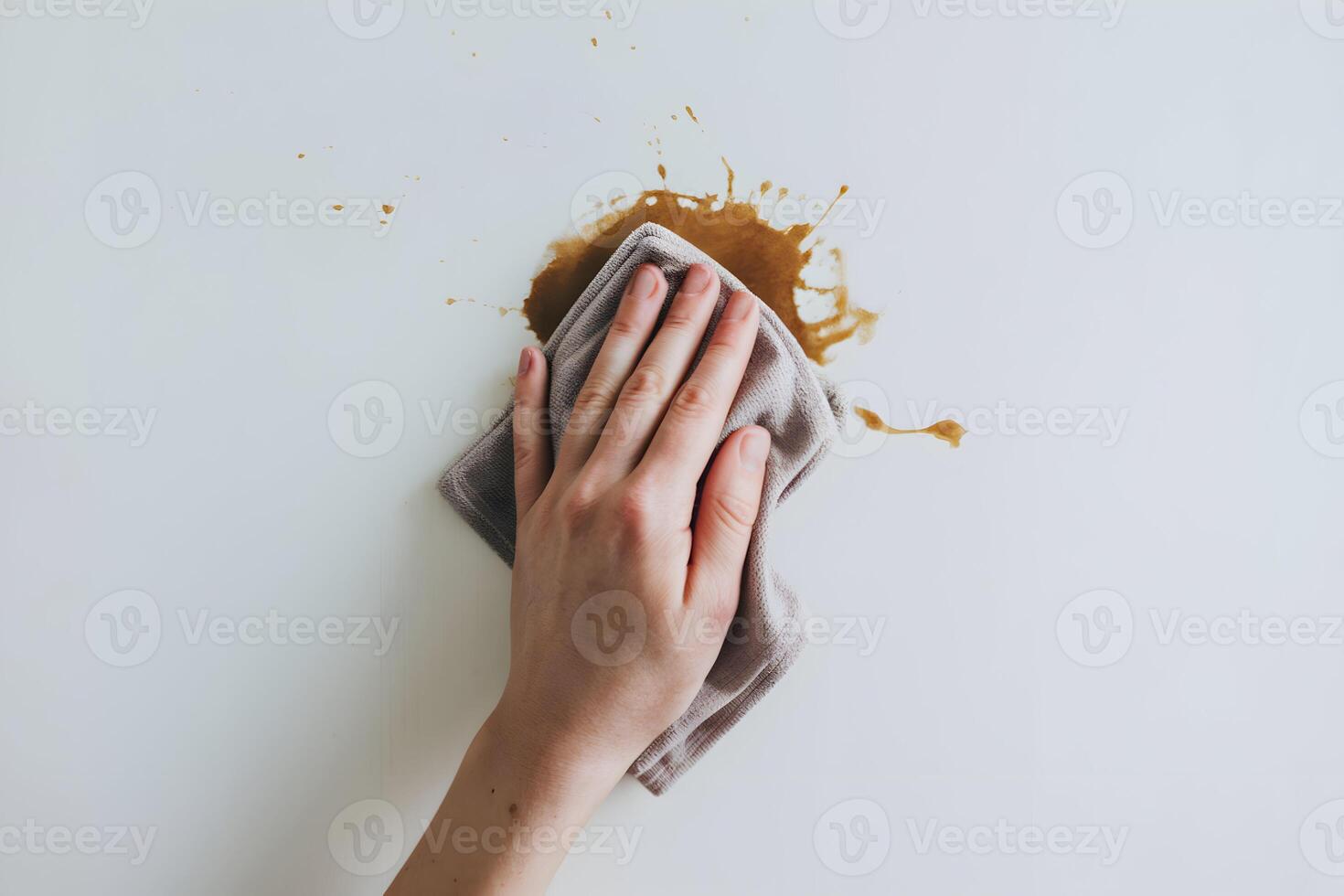 Hand wiping brownish liquid spill with a cloth on a white surface photo