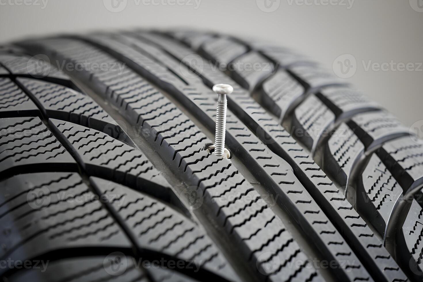 Close up of tire with distinct ridges, silver screw embedded in groove photo