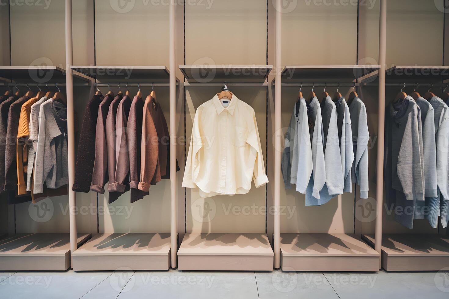 Clothing store with neatly arranged jackets and a standout white shirt photo