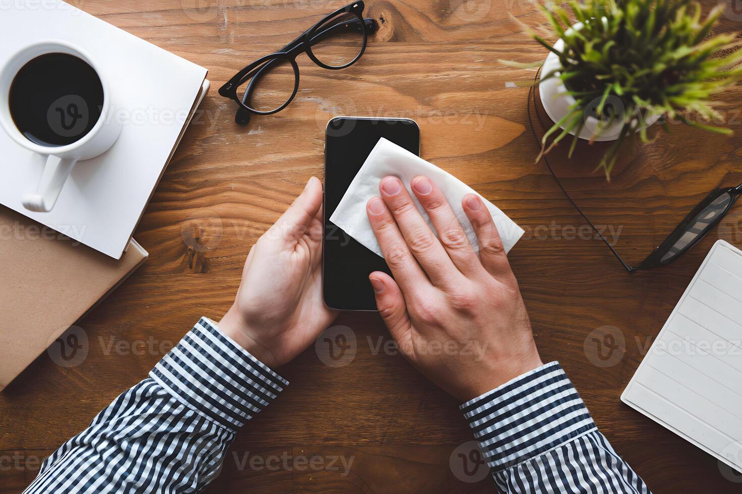 Hands in a checkered shirt wipe a smartphone with a white tissue on a wooden surface photo