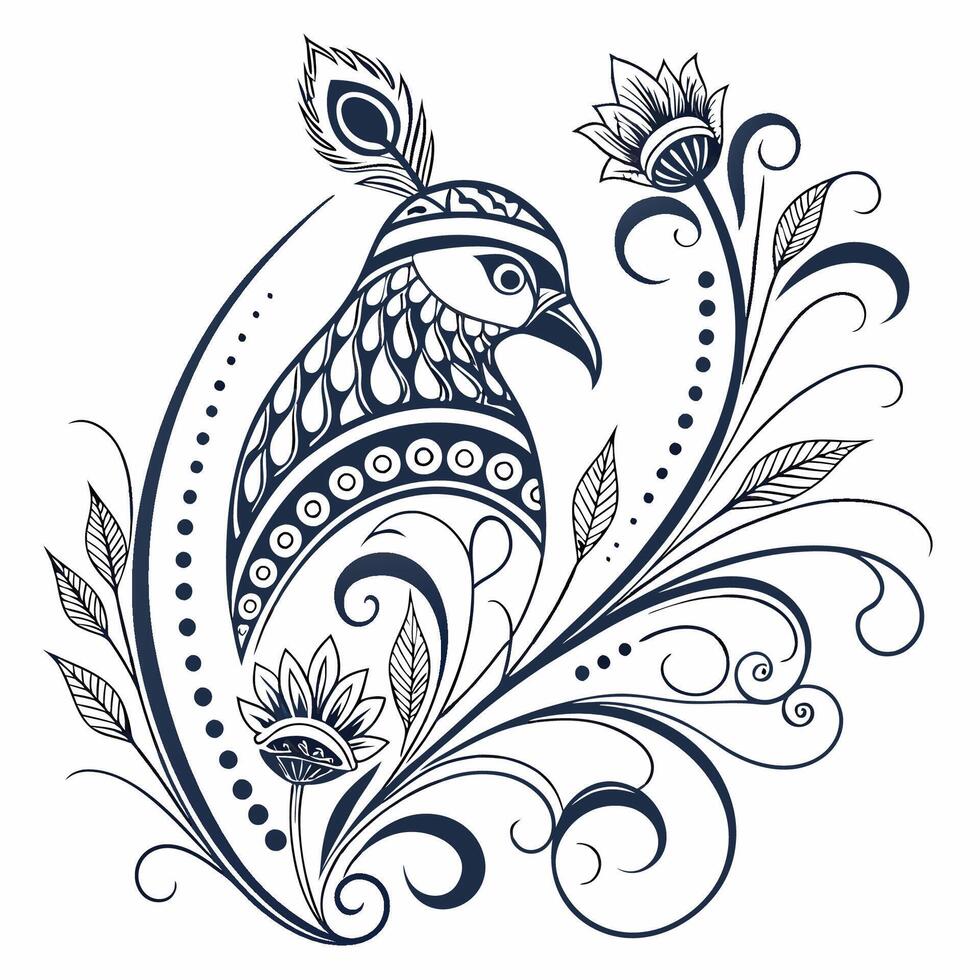 An ornate bird with a flower and leaves vector