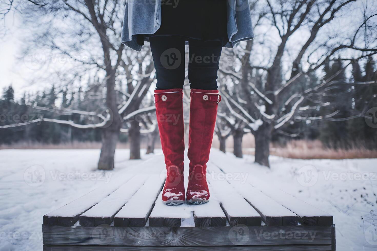 Red knee high boots on a wooden platform in a snowy winter setting photo