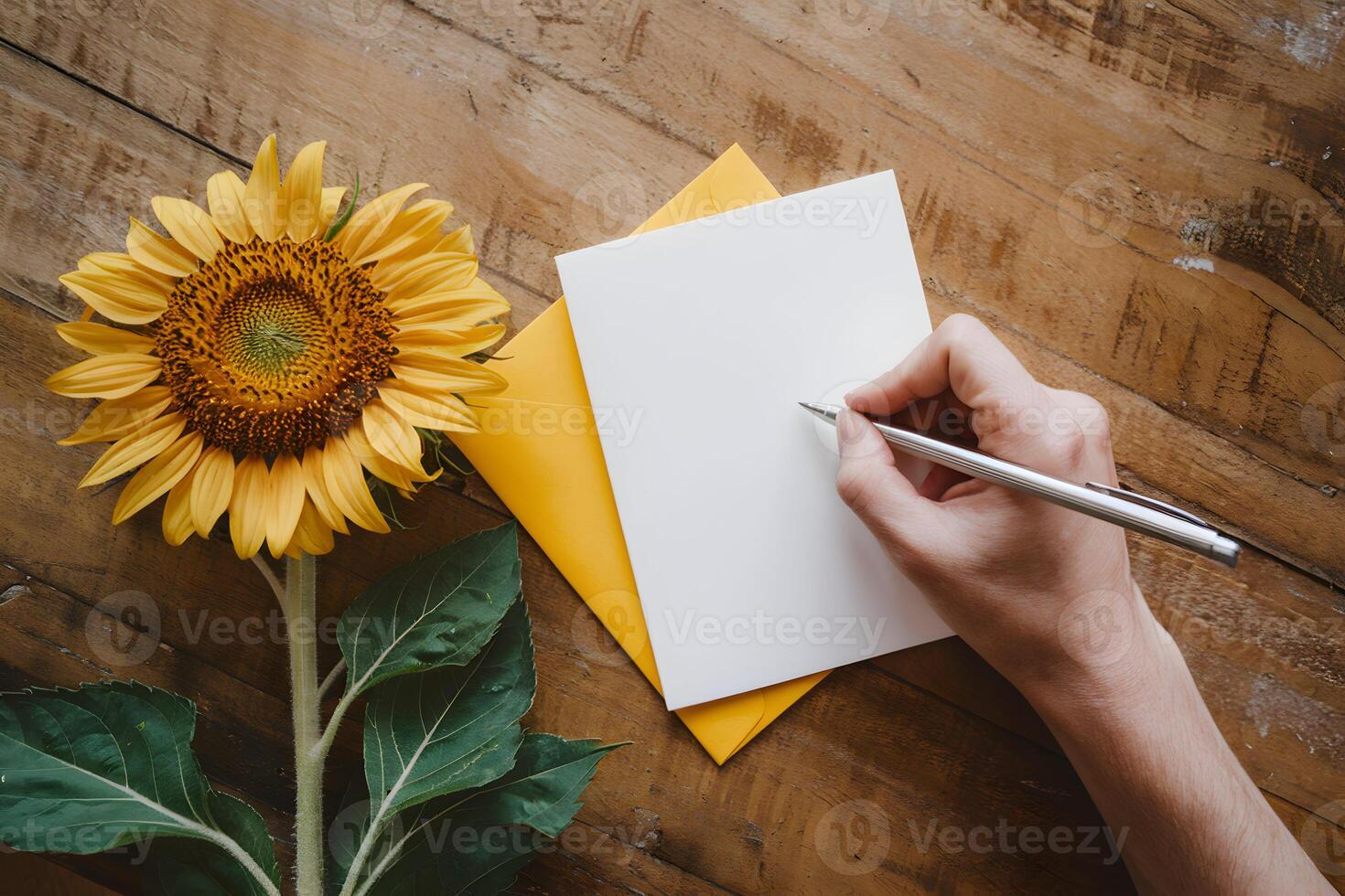 Sunflower and blank card rest on rustic wooden table, pen poised photo