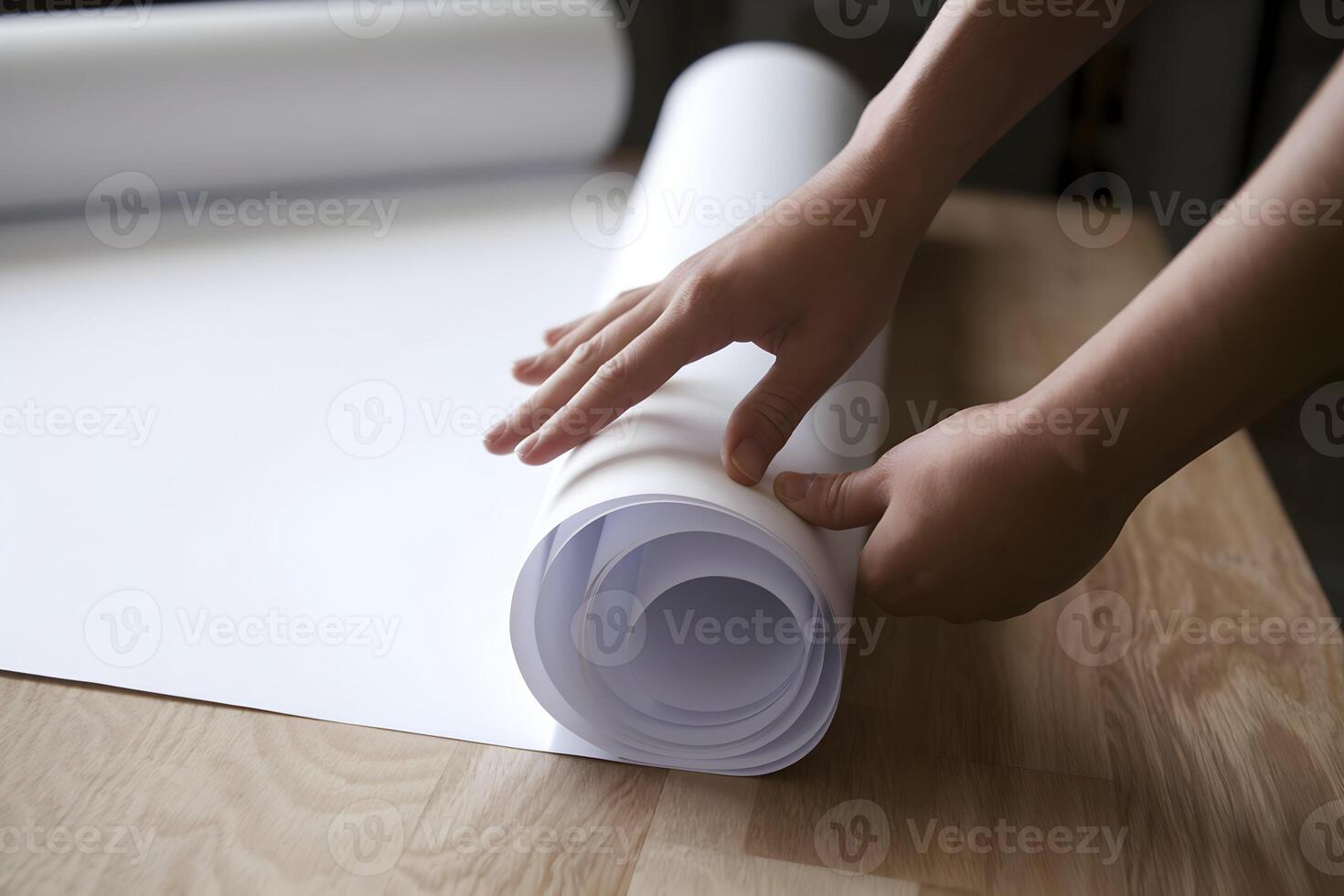 Hands unrolling a large white blueprint on a wooden table photo
