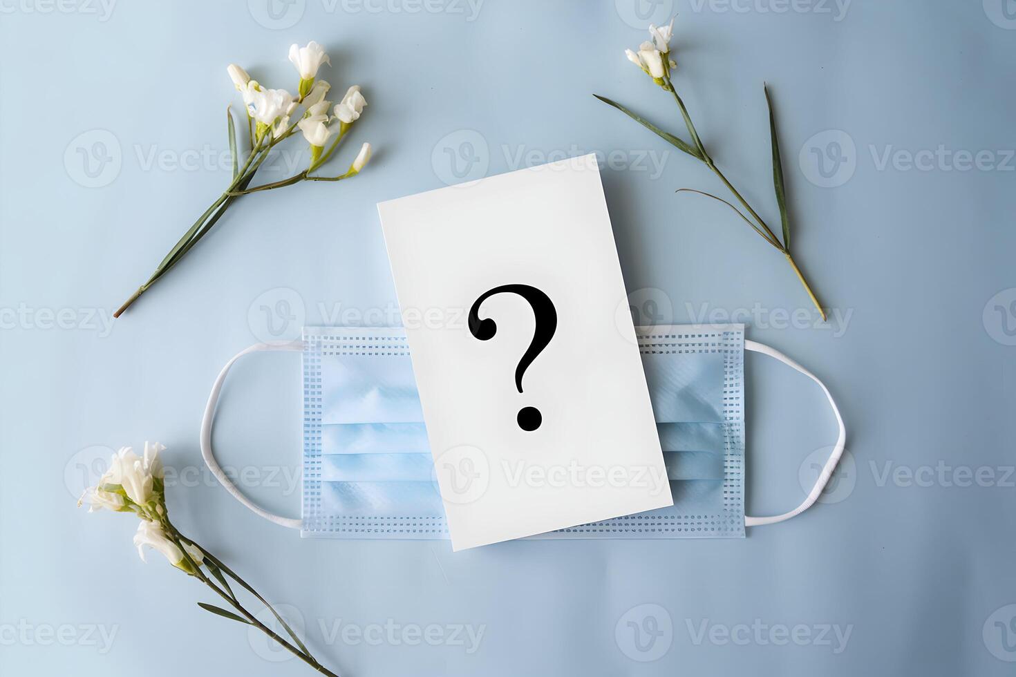 A blue background with a question mark card and surgical mask photo