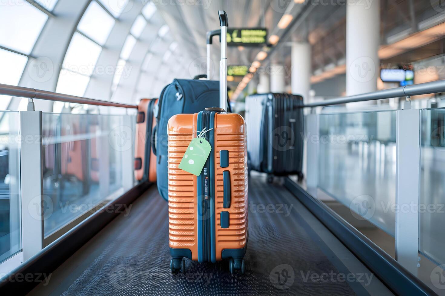 An orange suitcase on a baggage claim conveyor belt photo