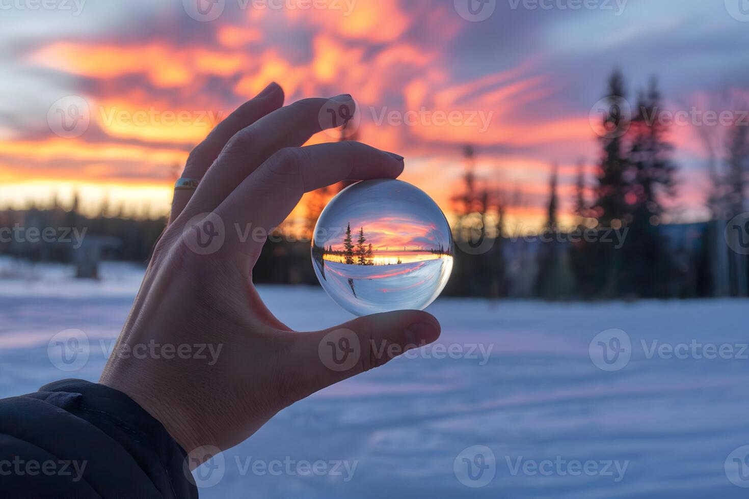 Crystal ball reflects sunset over snowy landscape, silhouetted pines stand tall photo